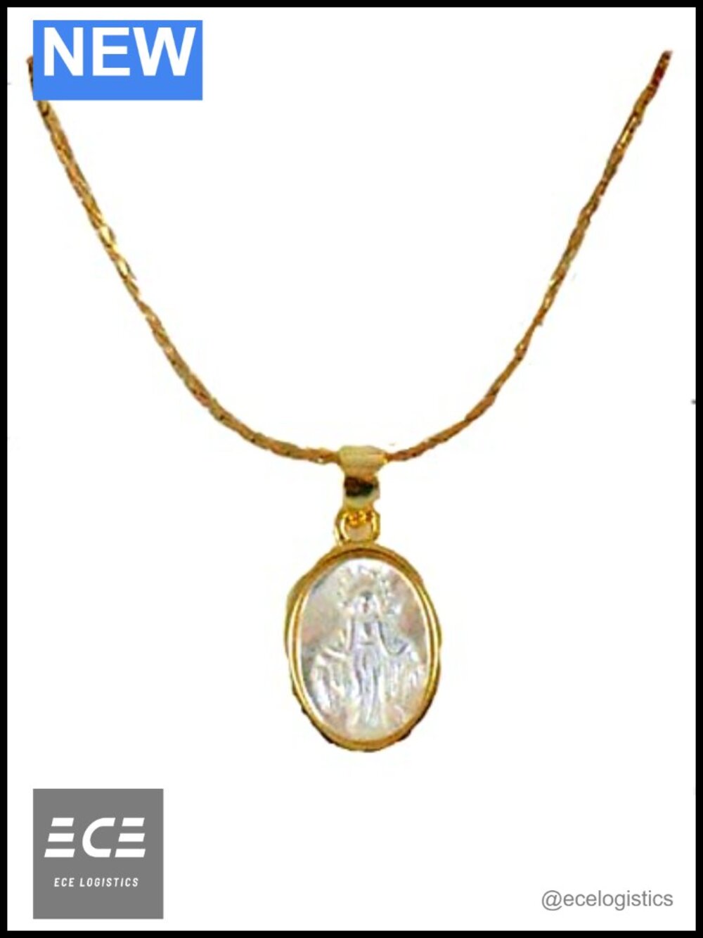 Mother of Pearl Mary Medal Necklace 14K Gold Plated 18 Inch Religious